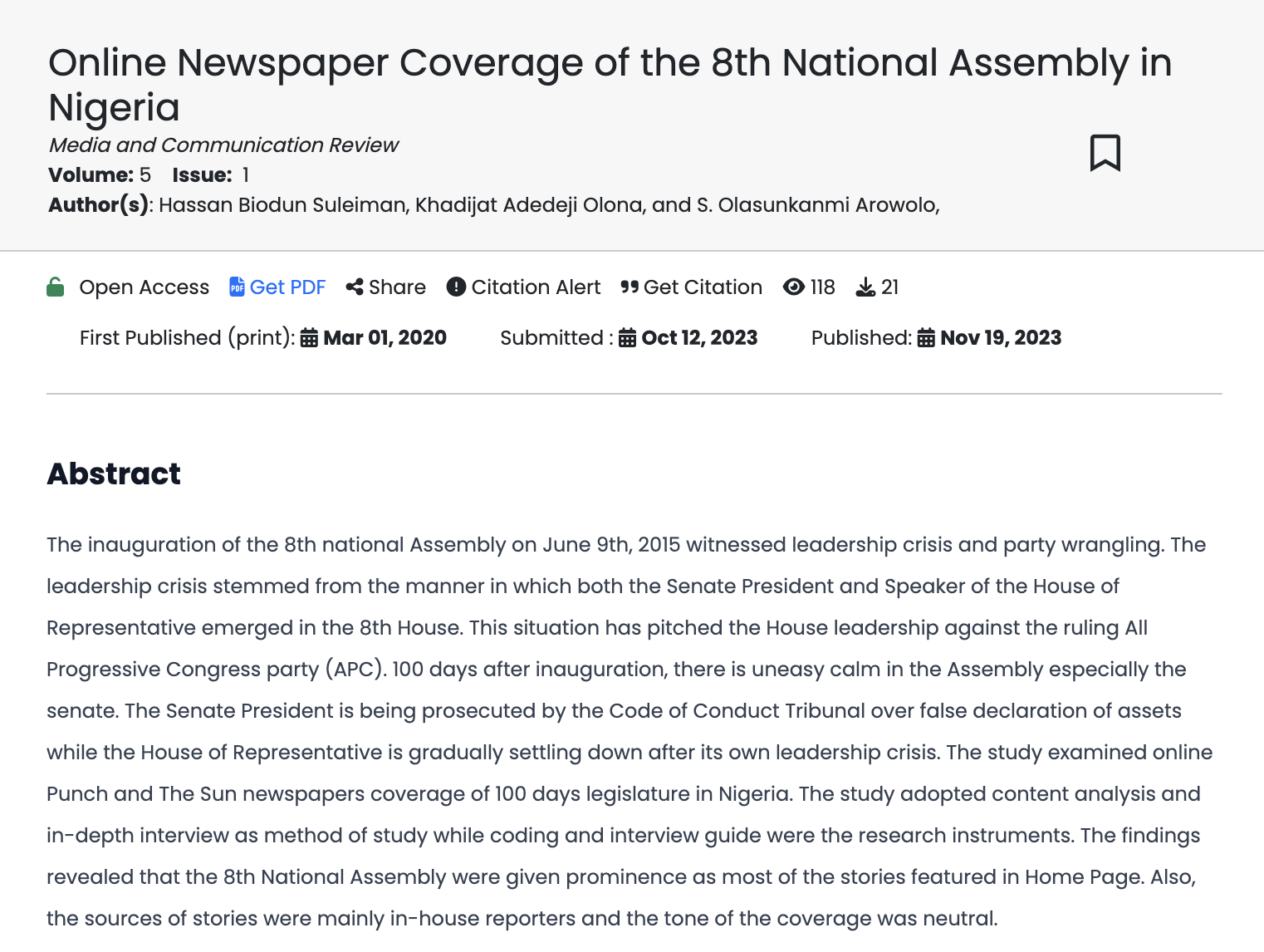 Screenshot of first page of journal article titled: Online Newspaper Coverage of the 8th National Assembly in Nigeria
                showing paper title, authors, abstract